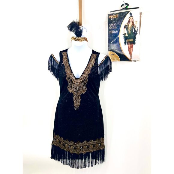 SPIRIT SWANKY FLAPPER GOLD BLACK DRESS & SEQUIN FEATHR HEADBND HALLOWEEN COSTUME - Picture 1 of 7